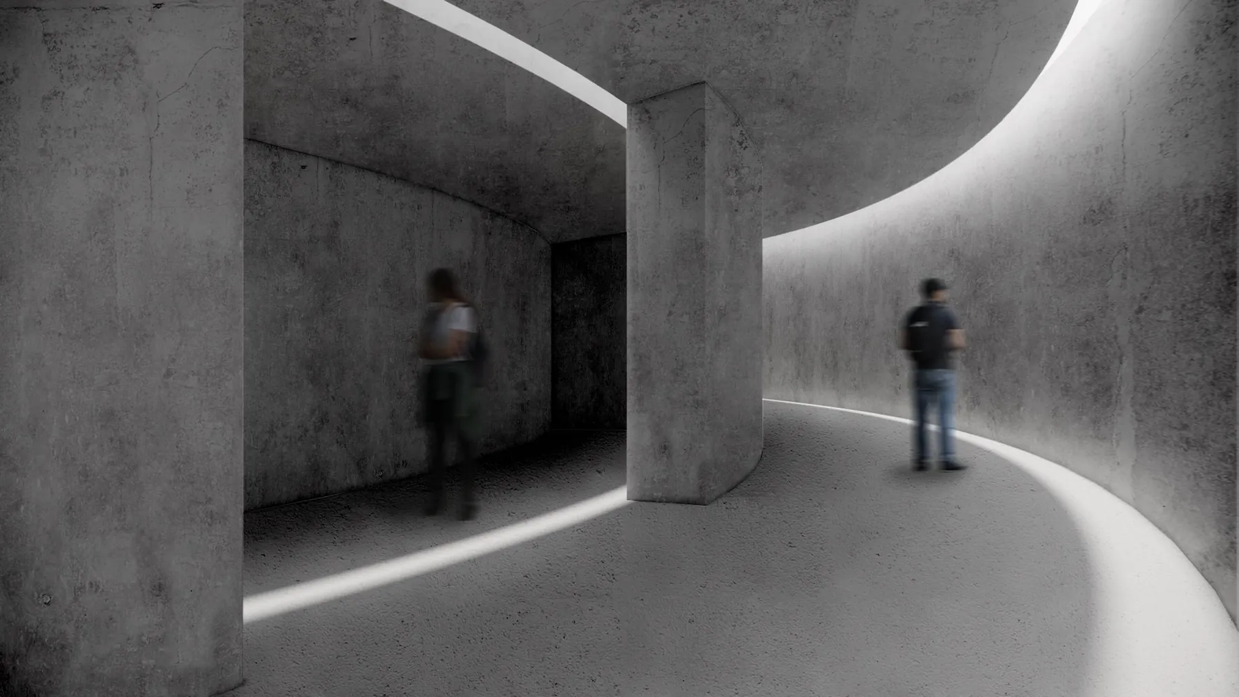 Galería curva en concreto con luz cenital, Museum of Emotions