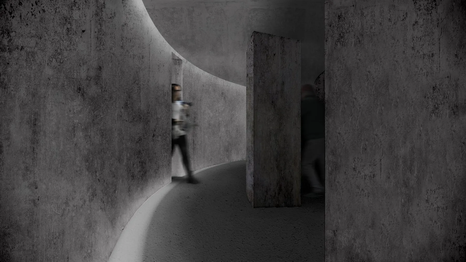 Corredores curvos en concreto en penumbra, Museum of Emotions