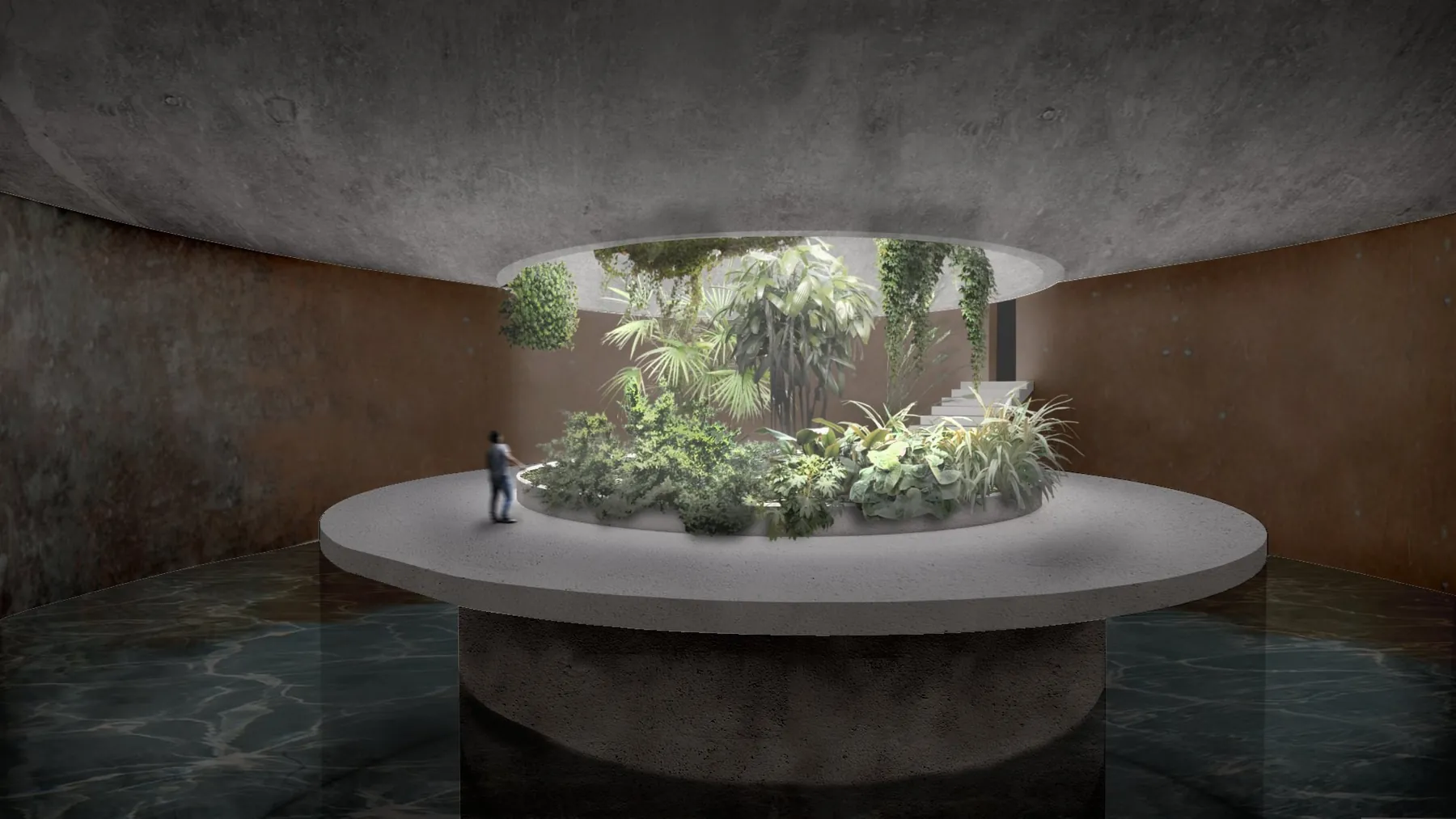 Patio central con jardín sobre espejo de agua, Museum of Emotions