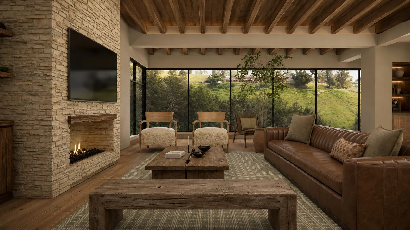 Sala con chimenea en piedra, vigas de madera y ventanales hacia la montaña, Retiro 36