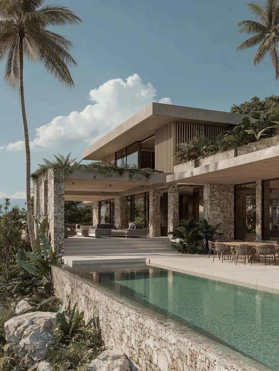 Volúmenes en madera y piedra de la villa sobre la piscina, Islas Vírgenes Británicas